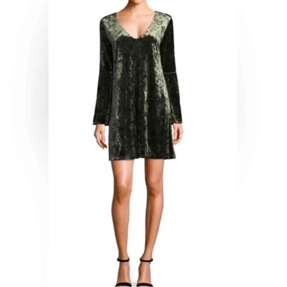 Y2K Green Crushed Velvet Dress Bell Sleeves 90s Flowy Whimisigoth Fairy Grunge L - Picture 1 of 8